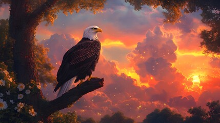 Fototapeta premium A majestic bald eagle perched on the branch of an ancient tree, with its feathers shimmering in vibrant hues under the golden sunset sky 