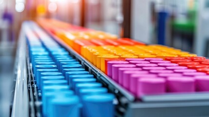 Obraz premium Robotic Sorting System with Color Coded Bins Ensuring Precise Inventory Categorization and Efficient Organization in Warehouses and Distribution Centers