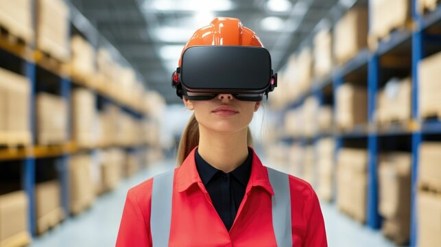 Worker using advanced augmented reality technology to efficiently locate and track items in a large commercial storage or warehouse facility improving inventory management and distribution processes
