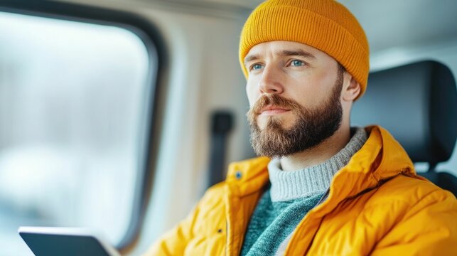 Portrait of a professional truck driver using a tablet device to monitor and manage fleet in real time  The driver is interacting with a digital interface displaying logistics data analytics