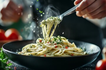 Chef plating pesto pasta, kitchen background, food photography