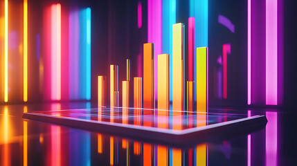Obraz premium A vibrant, futuristic graphic showcasing colorful bars on a digital platform, illuminated by neon lights against a dark background.