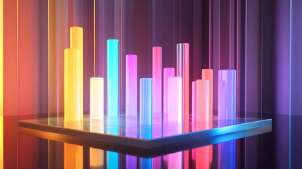 Obraz premium A vibrant 3D bar chart with colorful vertical bars, set against a blurred background, representing data visualization and technology.