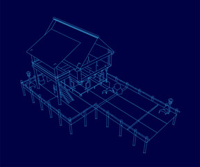 A blue drawing of a house with a porch and a deck. The house is shown in a 3D perspective