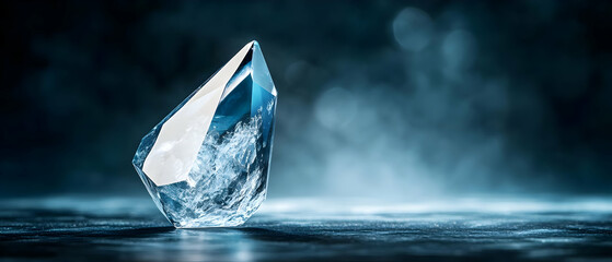 Obraz premium A close-up of a crystalline ice fragment shimmering against a dark, moody background, highlighting its intricate details.