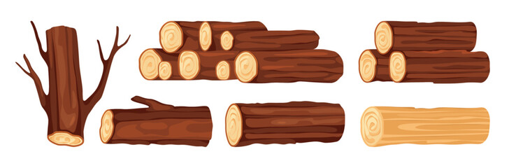 Logs with bark and branches, isolated stack or pile of wooden material for woodworking and carpentry industry. Vector isolated debarking of timber, forestry and handmade work, construction © Sensvector