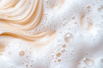 Close up of hair being washed, showcasing rich, foamy lather and silky strands. The scene highlights the texture and shine of healthy hair
