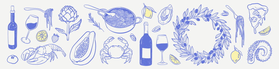Hand drawn drawing collection of Italian seafood and drinks. Sea vacation, weekend elements in doodle sketch style. Shells, olives, wine, homemade pasta, oysters, mussels, octopus, artichoke.