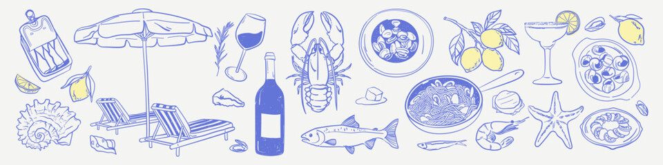 Italian Seafood, Drinks Set. Summer naive line illustration of shell, wine, homemade pasta, snails, mussels, lemons. Doodle sketch drawing elements for invitation wedding or party.