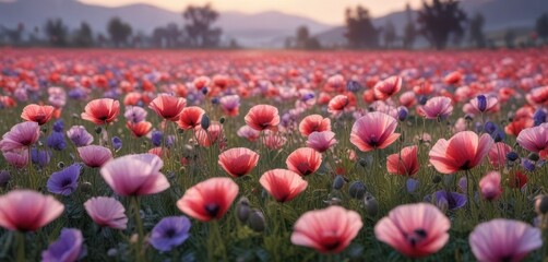 Obraz premium An image of a field of poppies at dawn with soft pink and purple hues and dew-kissed petals , poppies, natural, dew