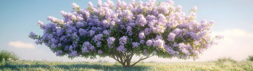 Obraz premium A vibrant lilac bush in full bloom, showcasing clusters of light purple flowers beneath a serene blue sky, creating a tranquil and uplifting atmosphere in nature.