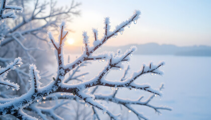 Close-up of frost-covered branches with dew droplets under crisp morning sky highlighting icy textures
