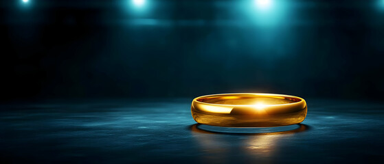 A close-up of a shining gold ring on a dark reflective surface, symbolizing commitment and timeless love.