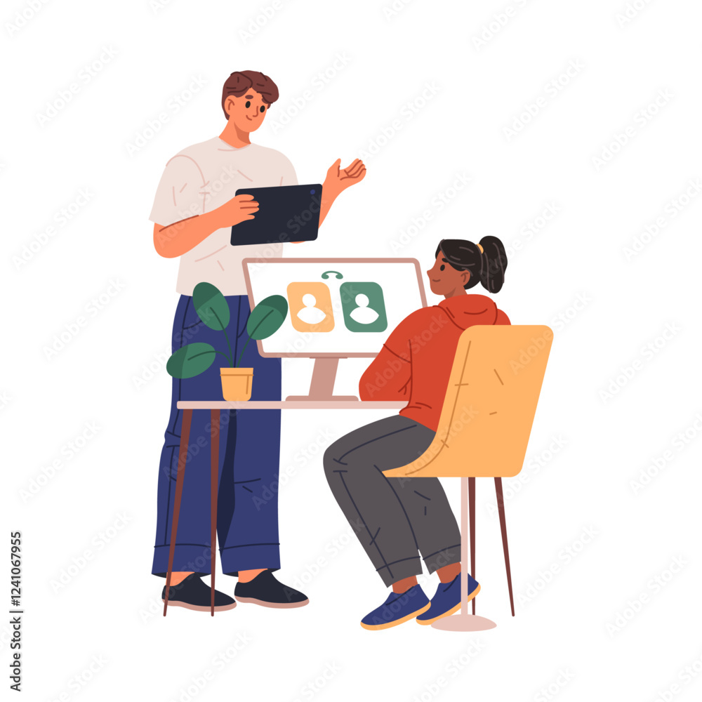 Poster man and woman interacting in workplace. vector isolated people talking, business project tasks and a