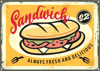 Sandwich vector illustration on vintage tin sign template. Food illustration.