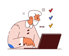 Old senior man taking test or examination online. Vector isolated flat cartoon character passing exam using laptop. Male personage studying and developing skills, granddad with computer
