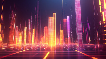 Fototapeta premium A vibrant, futuristic digital landscape with glowing vertical bars representing data and technology against a dark background.