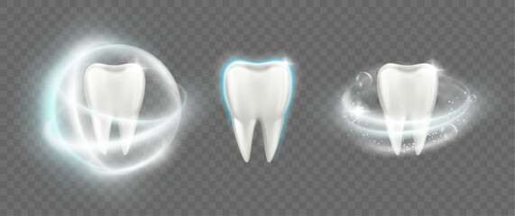 Teeth whitening and cleaning, realistic foam vortex. Vector dental health and professional oral hygiene, toothpaste freshness. Healthy tooth with glowing effect, bacterial protection shining