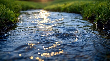 Sunset stream flows through meadow