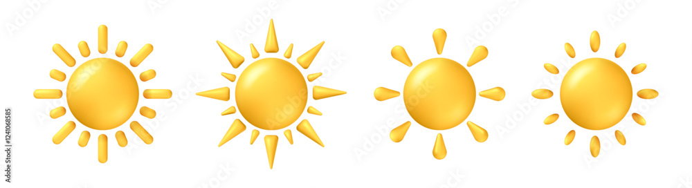 Poster Realistic 3d sun icons, isolated summer solar objects. Vector glowing star symbol with rays. Clear sunny day and hot temperature. Forecast widget, mobile app ui weather design, application template