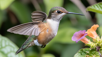 Macro shot of a hummingbird hovering near a vibrant flower, showcasing intricate feather details and delicate wing motion. The morning sunlight enhances the soft textures, while blurred green foliage 