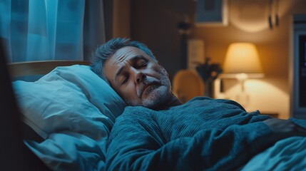An elderly man in a sweater lies in bed at night, appearing sick and tired. A bedside lamp casts a warm glow in the room.  
