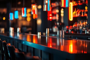 Elegant and vibrant bar interior featuring colorful lighting and a polished counter in a modern urban atmosphere