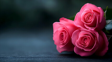 A close-up of three vibrant pink roses on a dark background, showcasing their delicate petals and lush greenery.