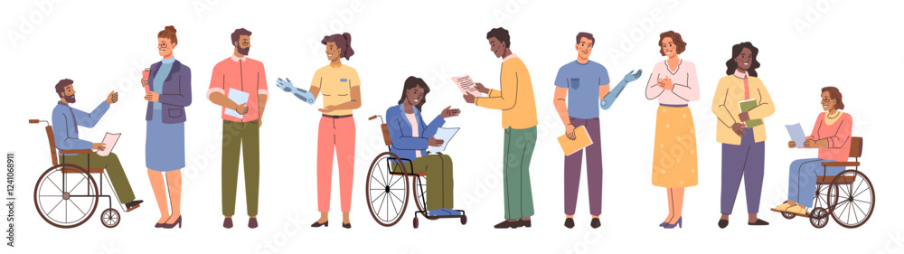 Aufkleber People with disabilities working together. Vector isolated workers with inclusive abilities talking to employees. Employment of corporate personnel with impairment. Social adaptation for handicapped