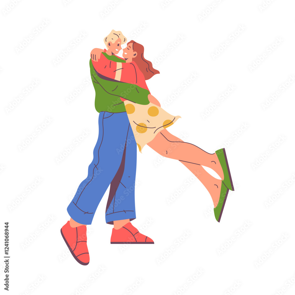 Wall mural Couple hugging and greeting each other, isolated excited boyfriend and girlfriend cuddling on date. Man and woman in love, boy holding girl. Flat cartoon character, vector illustration