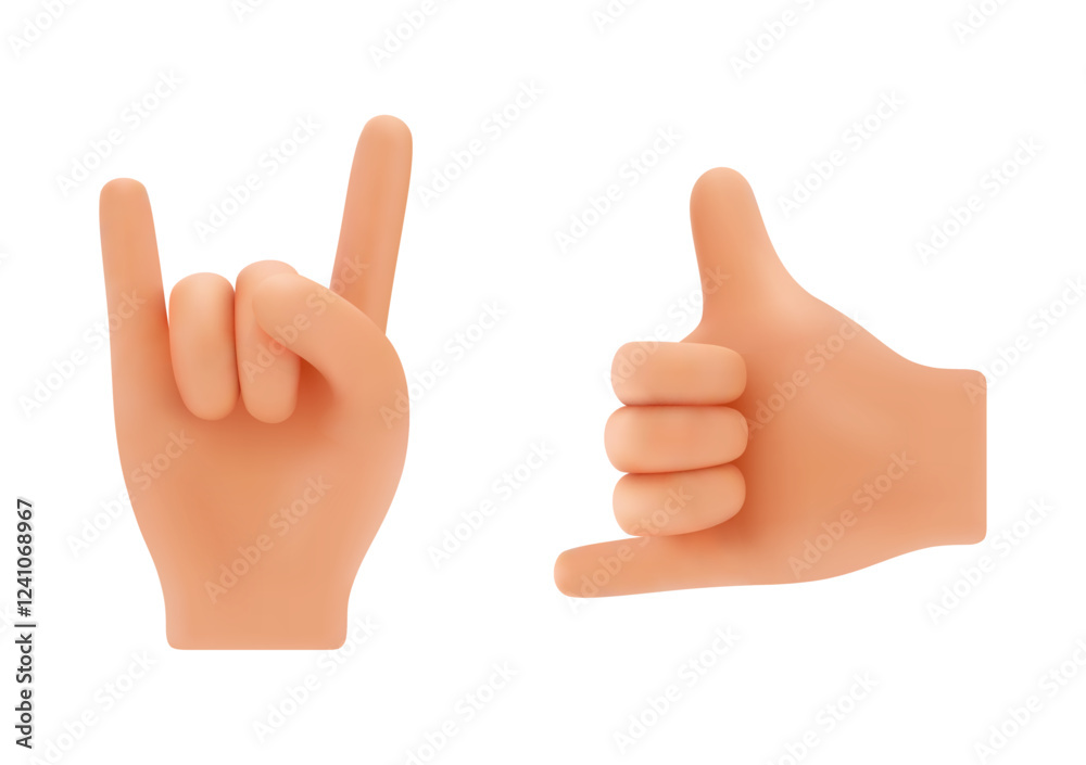 Poster realistic hand gestures, isolated icons with sings expressing rock and roll and call me. vector arms