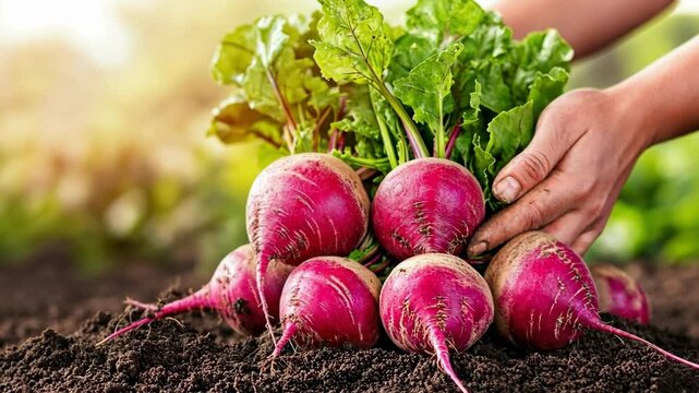 Freshly harvested red turnips in sunlit garden