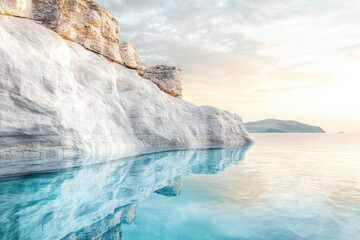 Serene coastal scene: White cliffs reflected in tranquil turquoise waters under a soft sky.