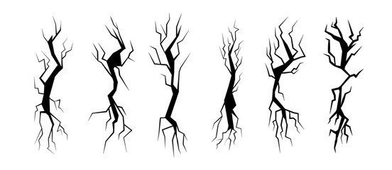 Crash or breaks on surface. Vector isolated vertical crack lines texture. Fracture and damage, destruction or fissure from earthquake or natural disaster. Damaged or broken wall or rough soil