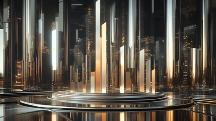 A futuristic setting featuring tall, reflective pillars and a circular platform, illuminated by soft golden light.