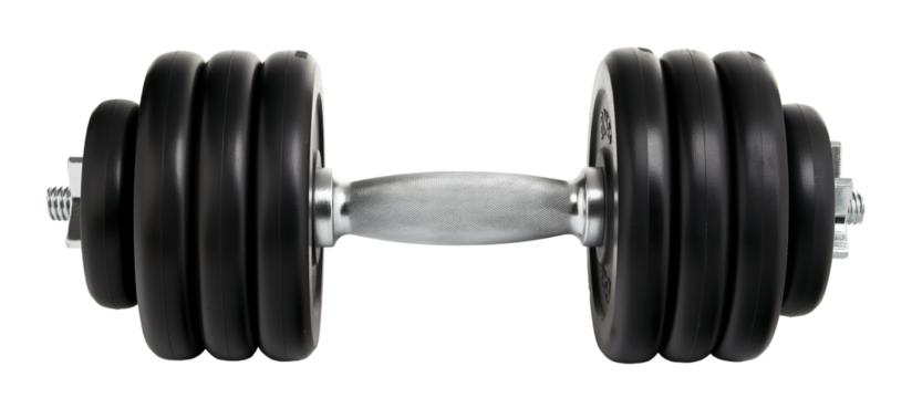 Black rubber metal dumbbell isolated on white  and transparent background, cut out png