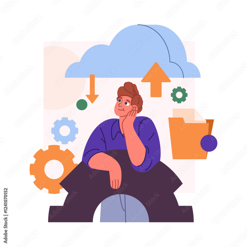 Poster Cloud computing service for storing information and documents on remote servers. Vector man setting and configuring environment for backup, exchanging files, sending and downloading schedule