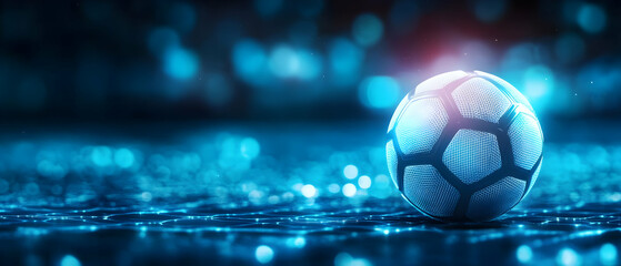 Naklejka premium A close-up view of a soccer ball on a wet field with a blue, glowing background, perfect for sports-themed projects.