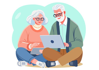 Flat illustration Senior men and women are learning and teaching how to use technology from notebooks and laptops.