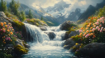 Mountain waterfall, roses, spring, idyllic, scenic, nature, calm, peaceful, tranquility, artwork