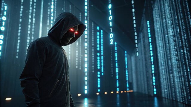 Hooded Figure with Glowing Red Eyes in Dark Server Room Cybersecurity Threat