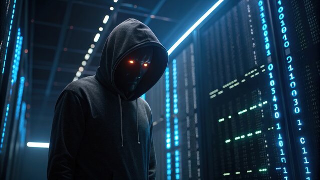Hooded Figure with Glowing Red Eyes in Dark Server Room Cybersecurity Threat