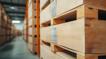 Smart pallets equipped with digital labels and displays in a warehouse setting demonstrating how technology is being integrated into logistics and supply chain management to enhance efficiency
