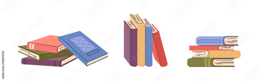 Aufkleber Textbooks and school publications for educating and studying. Vector isolated pile of notebooks, stacks of printed works. Obtaining knowledge and improving new skills, practicing for exam