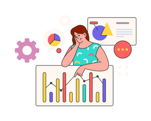 Business woman making data analysis research, database and chart graphs. Vector girl financial employee, freelancer develops app. Financial administrator investigate sales, charts and graphs