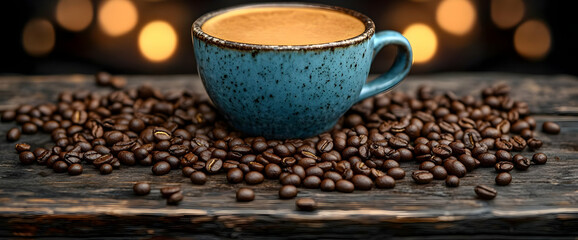 Naklejka premium Blue Cup of Coffee on Dark Wooden Table with Roasted Beans