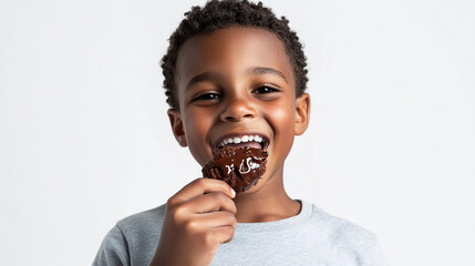 child eating chocolate brownie isolated on white background