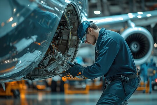 Engineer inspecting airplane landing gear during maintenance in hangar