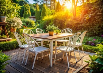 Elegant White Metal & Wooden Outdoor Dining Set in Garden - Stock Photo