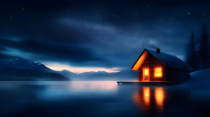 A cozy cabin glowing warmly by a serene lake under a starry night sky, perfect for a peaceful getaway.